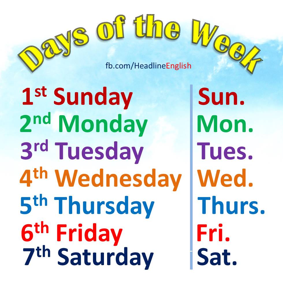 Days of the week – after, before, cardinal numbers – Headline English